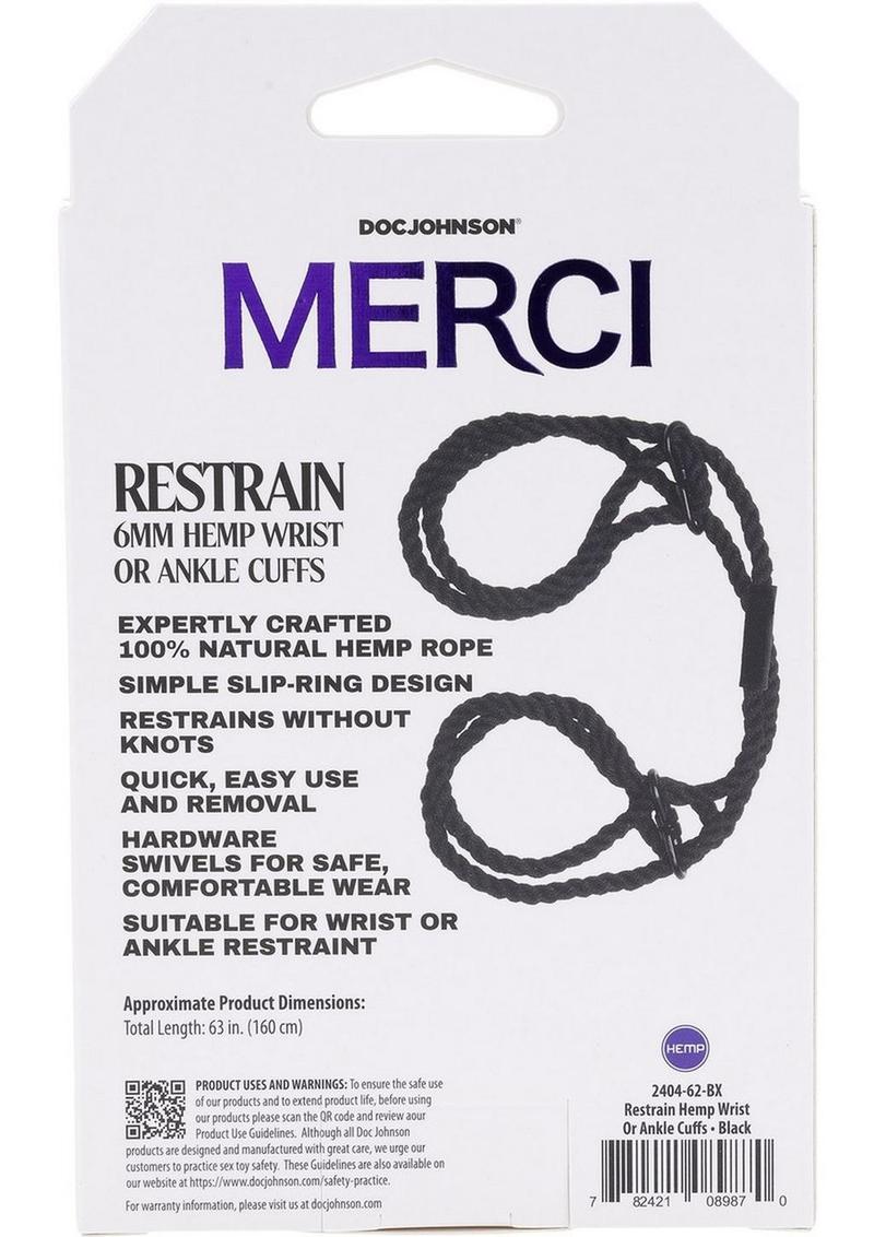 Merci Hogtied Bind and Tie 6mm Hemp Wrist Or Ankle Cuffs - Black