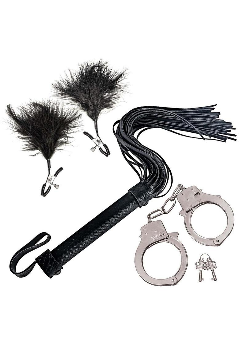 Nasstoys Bondage Whip,feather and Cuffs - Black