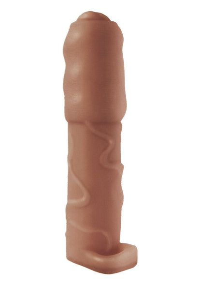 Natural Realskin Vibrating Uncircumcised Penis Extender with Scrotum Ring - Brown/Chocolate