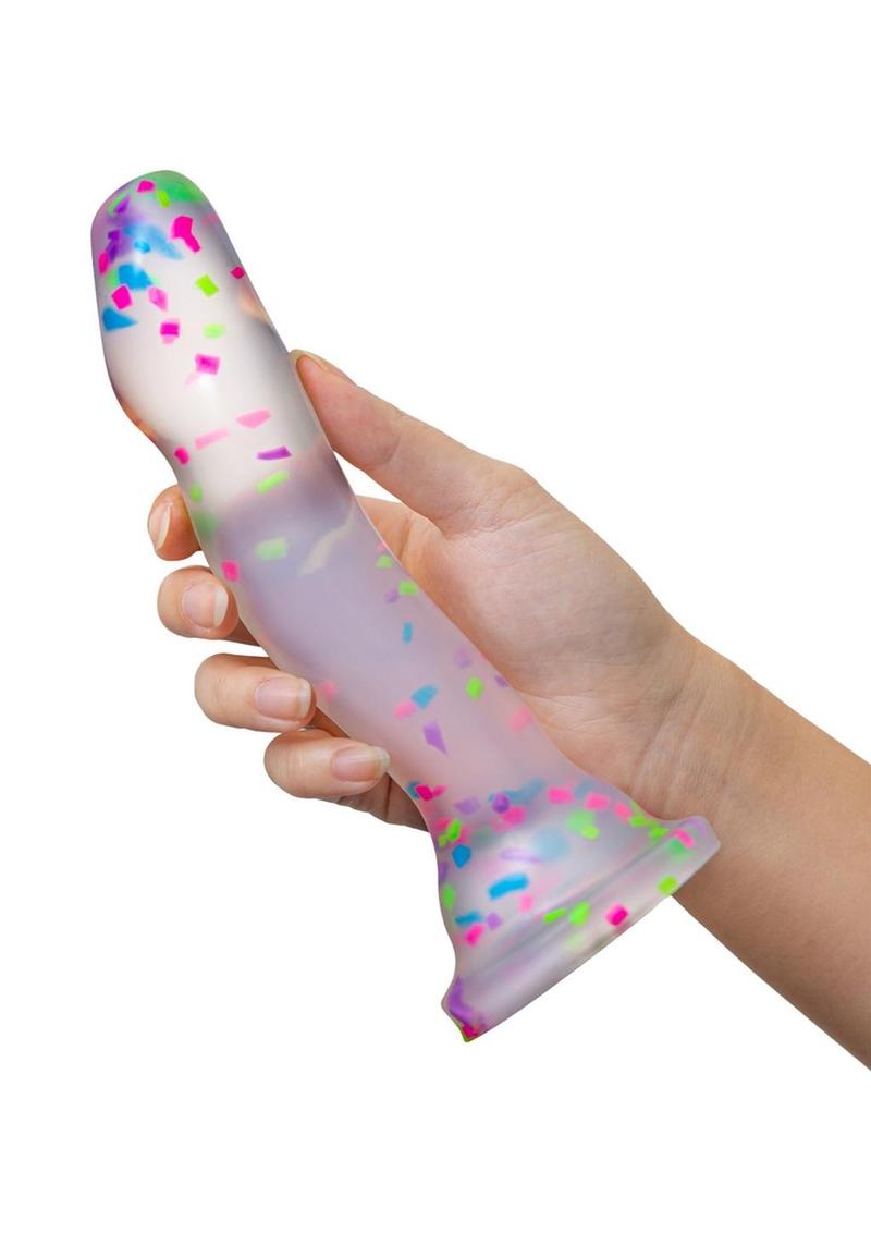 Neo Elite Glow In The Dark Silicone Hanky Panky Dildo 7.5in - Confetti - Glow In The Dark/Multicolor