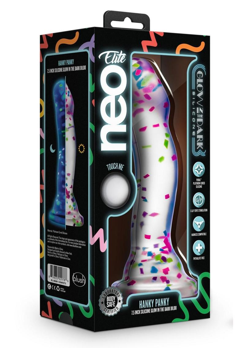 Neo Elite Glow In The Dark Silicone Hanky Panky Dildo 7.5in - Confetti