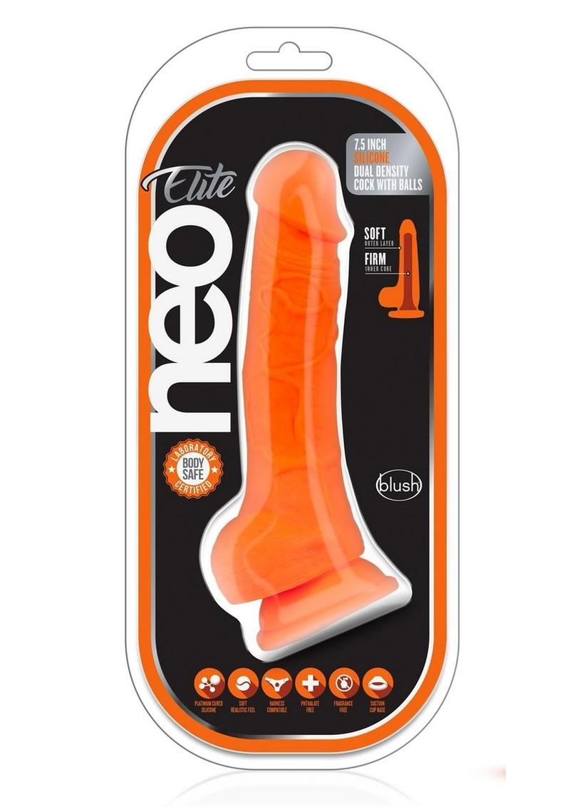 Neo Elite Silicone Dual Density Dildo with Balls - Neon Orange/Orange - 7.5in