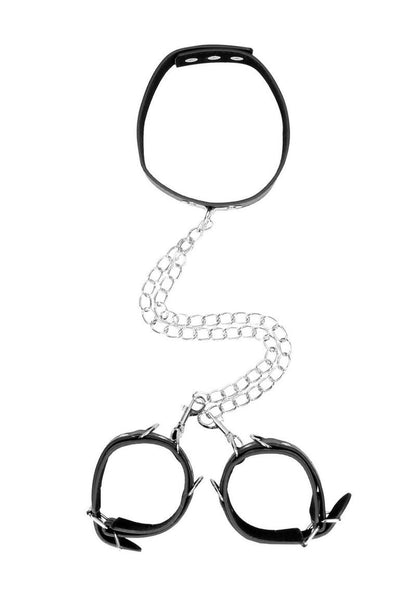 Ouch! Bonded Leather Collar with Hand Cuffs and Leash - Black