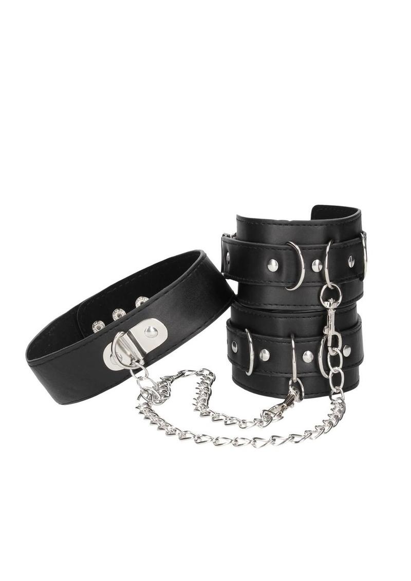 Ouch! Bonded Leather Collar with Hand Cuffs and Leash - Black