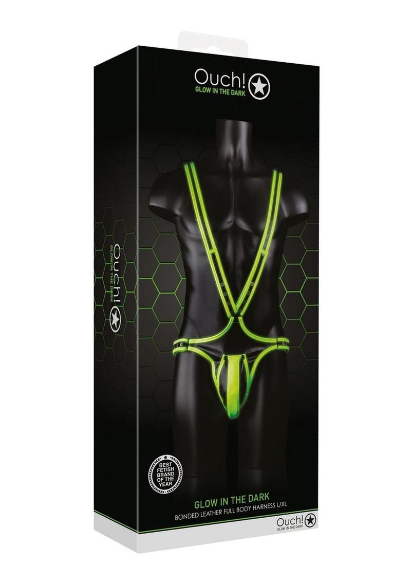 Ouch! Bonded Leather Full Body Harness - Black/Glow In The Dark/Green - Large/XLarge