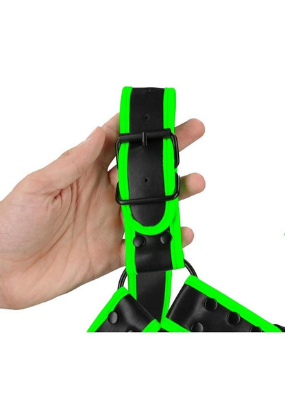 Ouch! Buckle Bulldog Harness - Black/Glow In The Dark/Green - Medium/Small