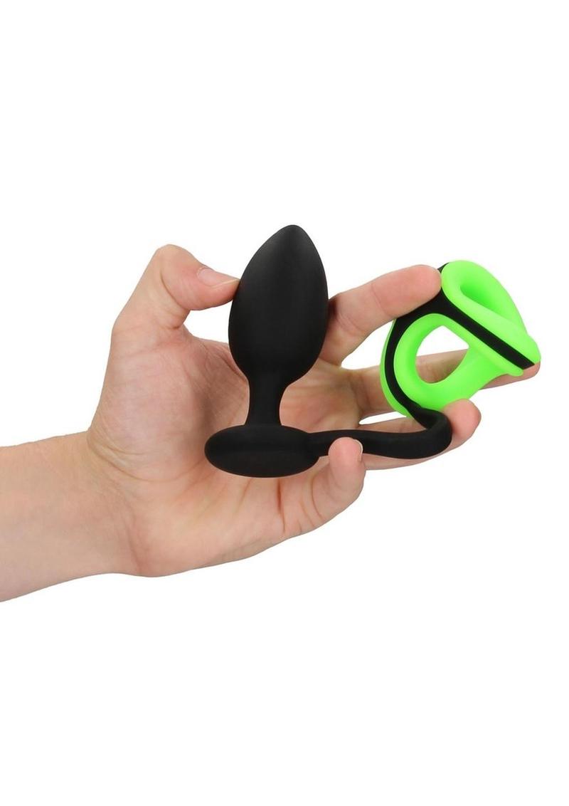 Ouch! Butt Plug with Cock Ring and Ball Strap Silicone - Glow In The Dark/Green