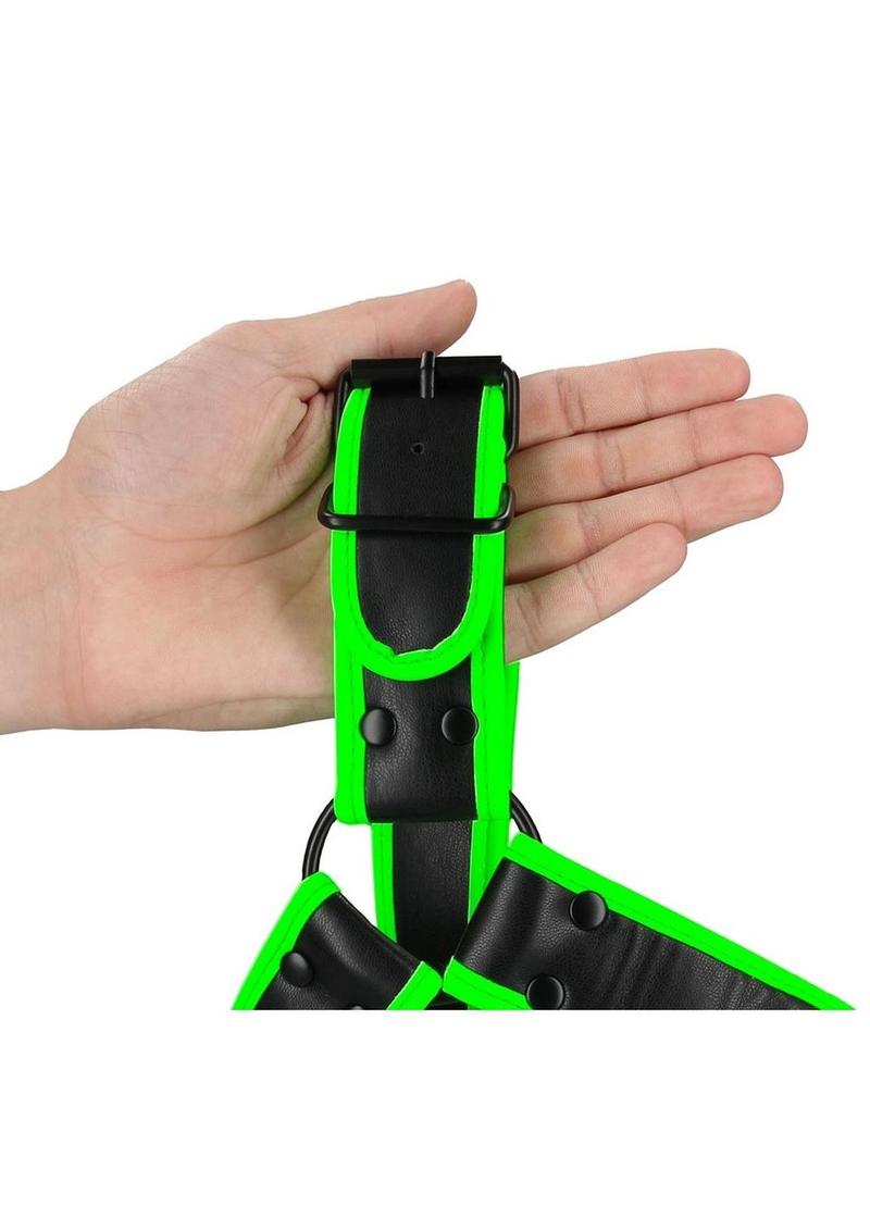 Ouch! Chest Bulldog Harness - Black/Glow In The Dark/Green - Medium/Small