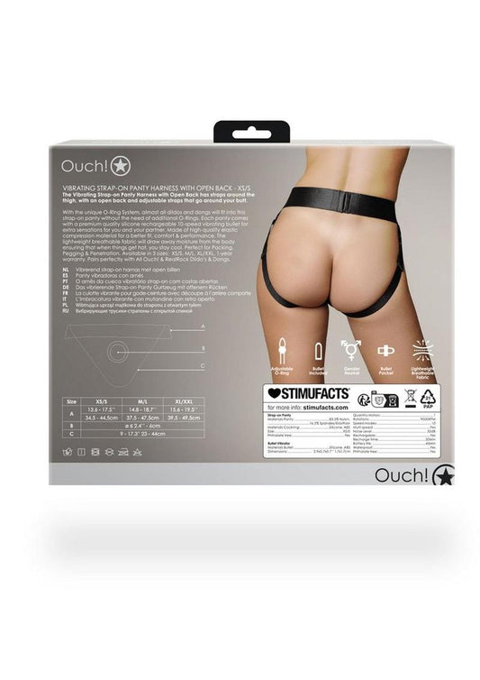 Ouch! Vibrating Strap-On Panty Harness with Open Back Rechargeable - Black - Small/XSmall