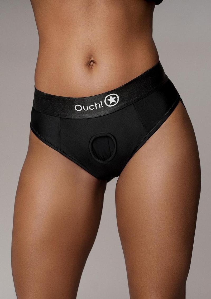 Ouch! Vibrating Strap-On Thong with Removable Butt Straps Rechargeable - Black - Large/Medium