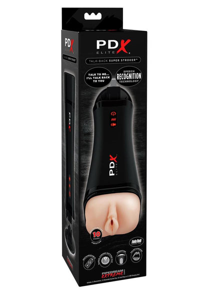 Pipedream Extreme Elite Rechargeable Talk-Back Super Masturbator - Pussy - Black/Flesh/Vanilla