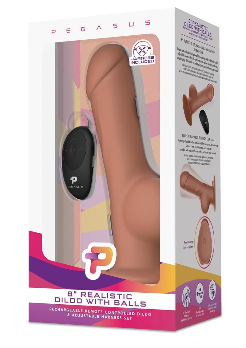 Pegasus Remote Control Realistic Silicone Dildo with Balls and Harness - Brown - 8in