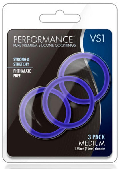 Performance Vs1 Pure Premium Silicone Cock Rings - Blue/Indigo - Medium - 3 Pack