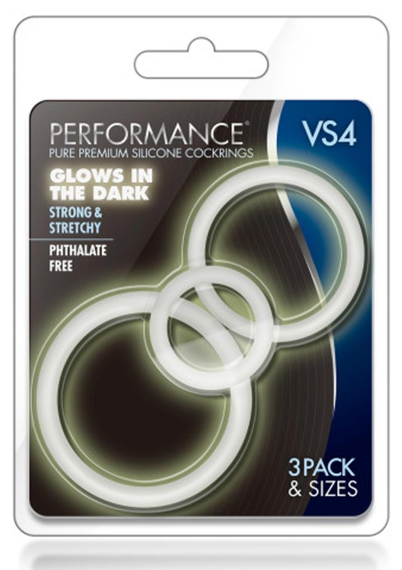 Performance Vs4 Pure Premium Silicone Cock Ring Set (3 Sizes - Glow In The Dark/White