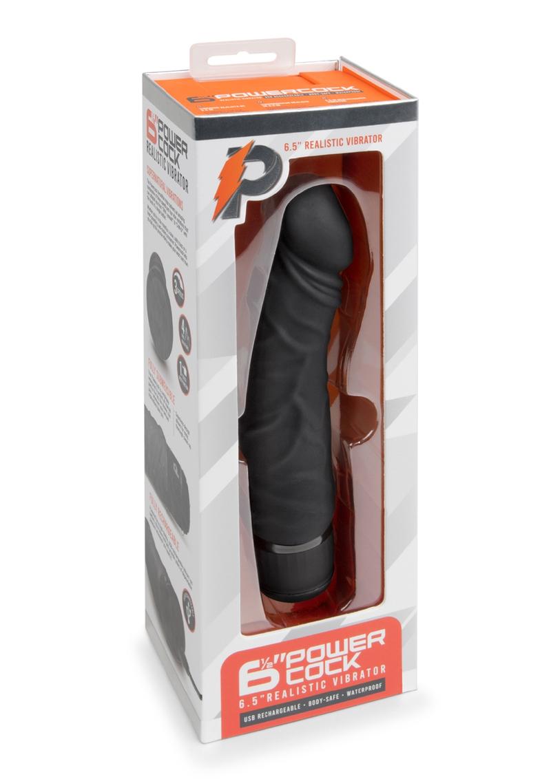 Powercocks Silicone Rechargeable Realistic Vibrator - Black - 6.5in