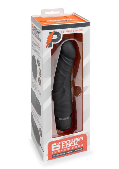 Powercocks Silicone Rechargeable Realistic Vibrator - Black - 6.5in