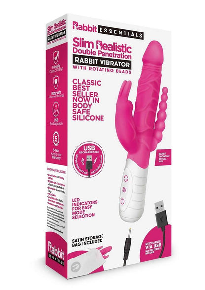 Rabbit Essentials Silicone Rechargeable Slim Realistic Double Penetration Rabbit Vibrator - Hot Pink/Pink