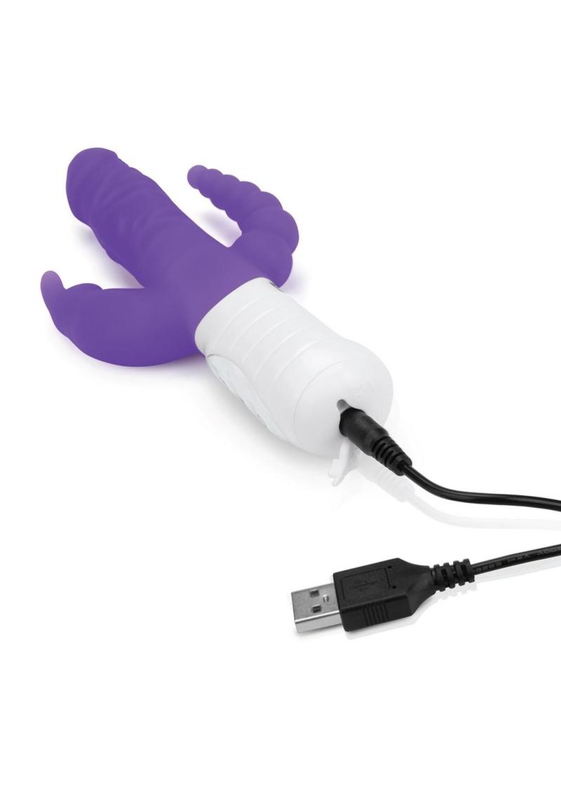 Rabbit Essentials Silicone Rechargeable Slim Realistic Double Penetration Rabbit Vibrator - Purple