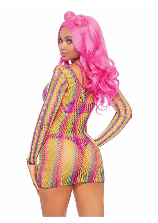 Rainbow Fishnet Long Sleeve Mini Dress - Multicolor - One Size