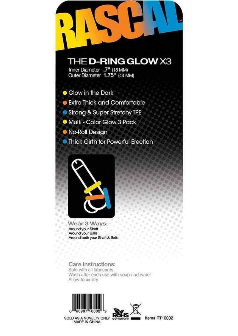 Rascal The D-Ring Glow X3 Glow In The Dark Cockrings Assorted Colors 3 Each - Glow In The Dark - Per Set