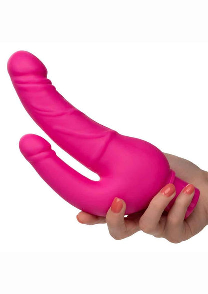 Rechargeable Power Stud Over and Under Silicone Vibrating Double Dong - Pink