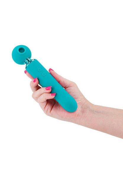 Revel Fae Rechargeable Silicone Vibrator with Clitoral Stimulator - Teal