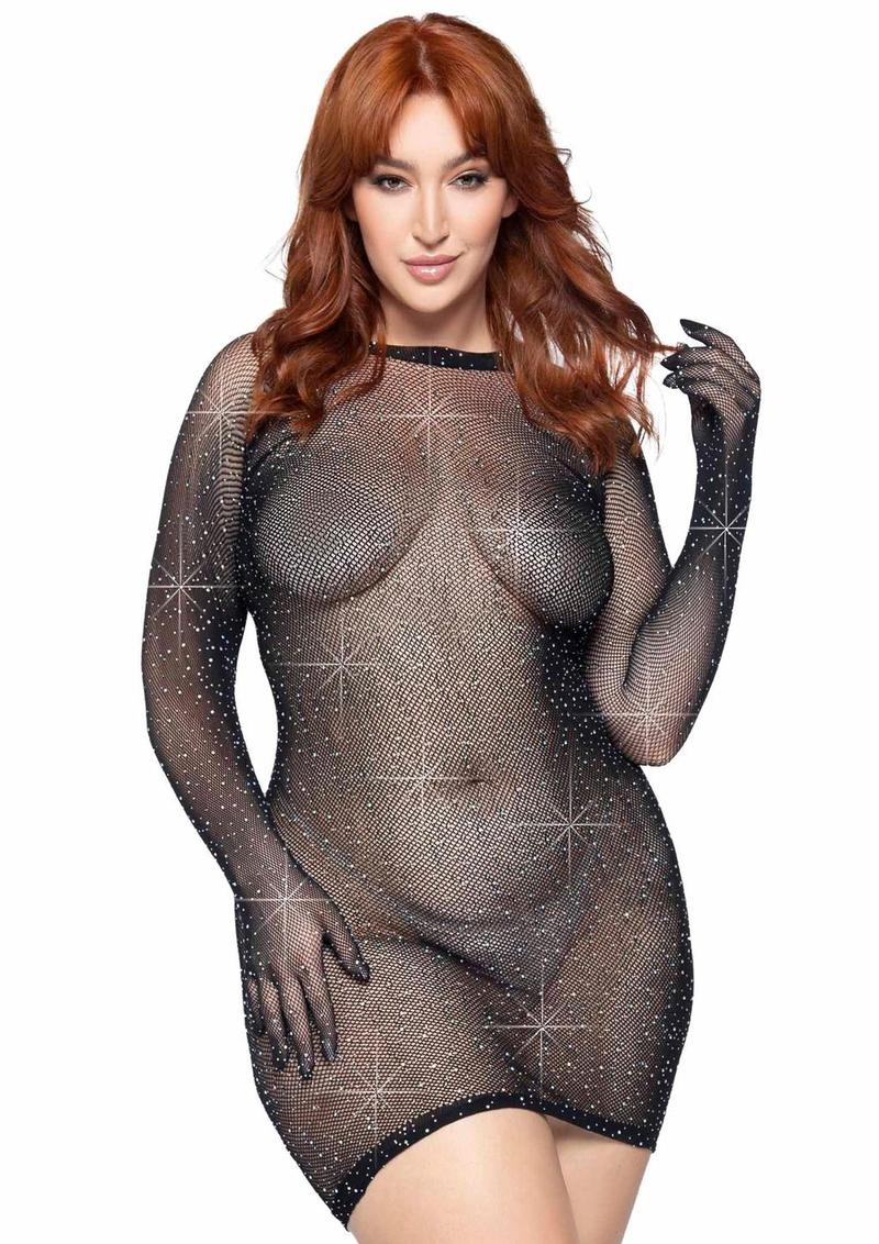 Rhinestone Fishnet Gloved Mini Dress