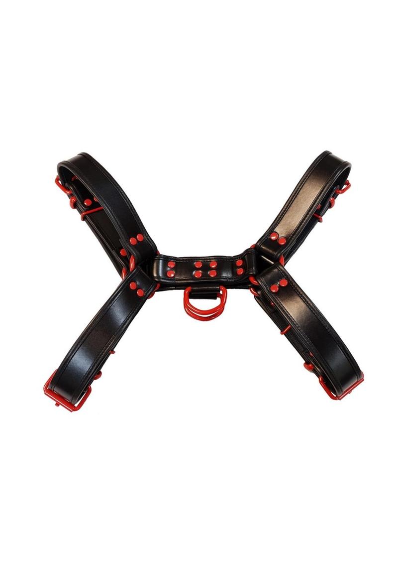 Rouge Leather Over The Head Harness Black with Red Accessories - Black/Red - XLarge