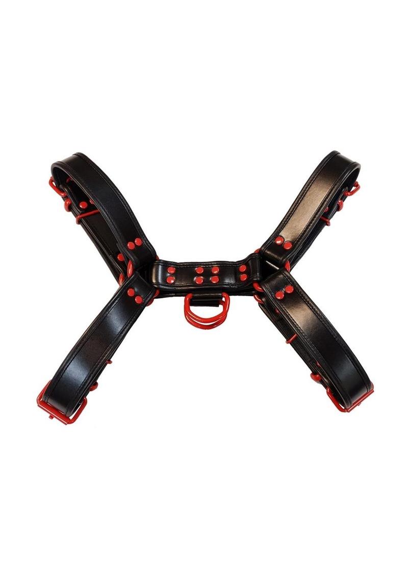 Rouge Leather Over The Head Harness Black with Red Accessories - Black/Red - XXLarge