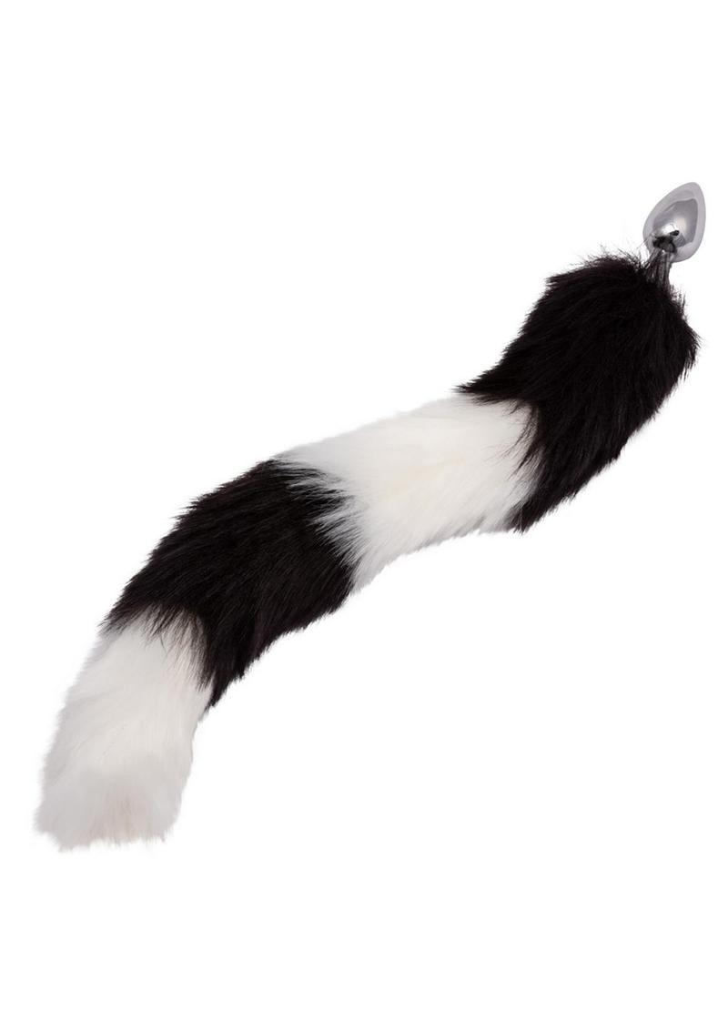 Running Wild Black and White Tail Faux Fur Tail and Metallic Anal Plug - Black/Metal/White