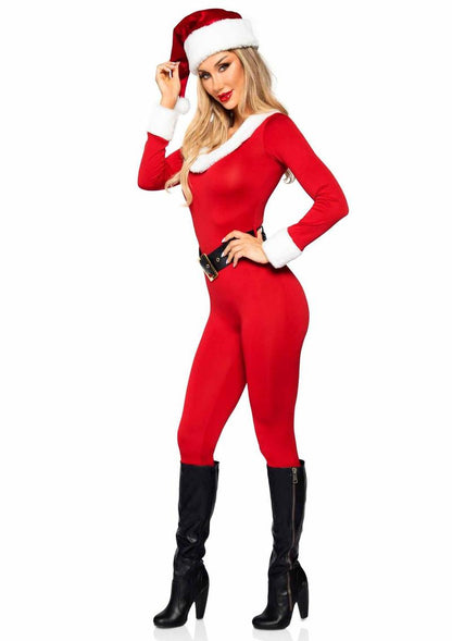 Santa Baby Spandex Jumpsuit with Fur Trim, Belt and Santa Hat - Red/White - Large - 3 Pieces