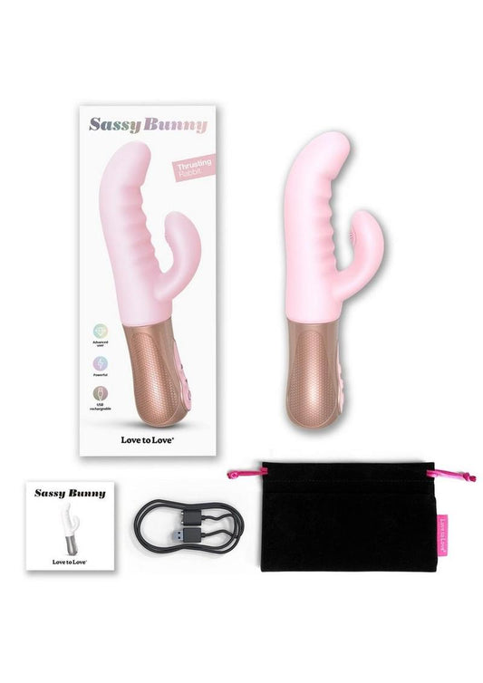 Sassy Bunny Dual Motor Rechargeable Silicone Thrusting Rabbit Vibrator - Baby Pink/Pink