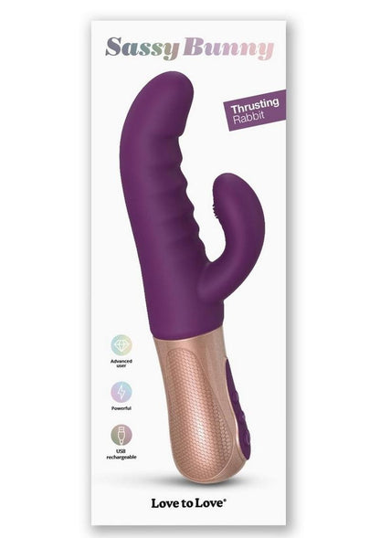 Sassy Bunny Dual Motor Rechargeable Silicone Thrusting Rabbit Vibrator - Purple/Purple Rain