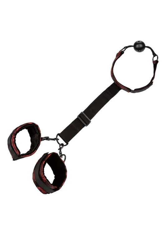 Scandal Breathable Ball Gag with Cuffs - Black/Red