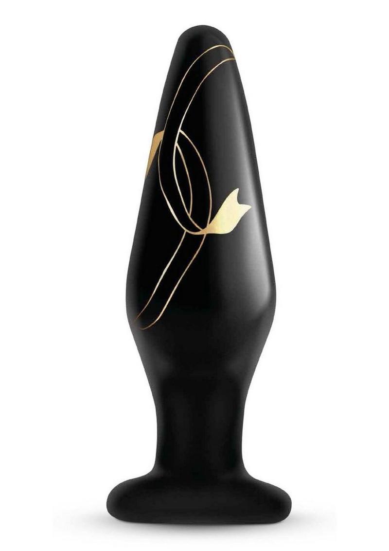 Secret Kisses Handblown Glass Anal Plug - Black/Gold - 4.5in