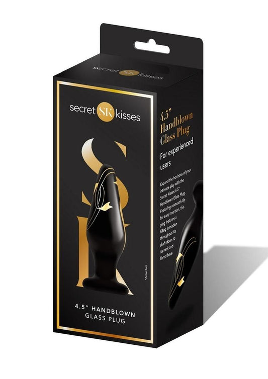 Secret Kisses Handblown Wide Glass Anal Plug - Black/Gold - 4.5in