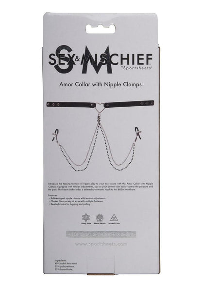 Sex and Mischief Amor Collar with Nipple Clamps - Black/Silver