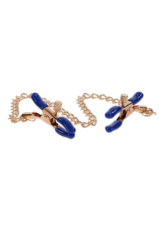 Sex and Mischief Cougar Chained Nipple Clamps - Blue/Gold/Navy