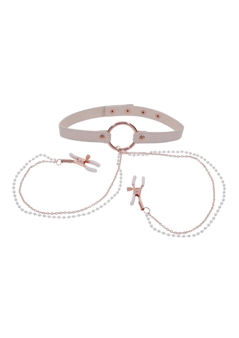 Sex and Miscielf Peaches 'N Creame Collar with Nipple Clamps - Ivory/Rose Gold