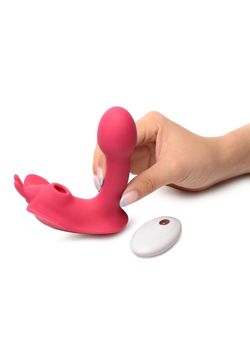 Shegasm Butterfy Tease Rechargeable Silicone 10x Clitoral Suction Stimulator with Remote Control - Pink