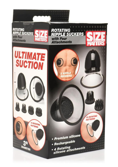 Size Matters 10x Rotating Rechargeable Silicone Nipple Suckers with 4 Attachments - Black/Clear