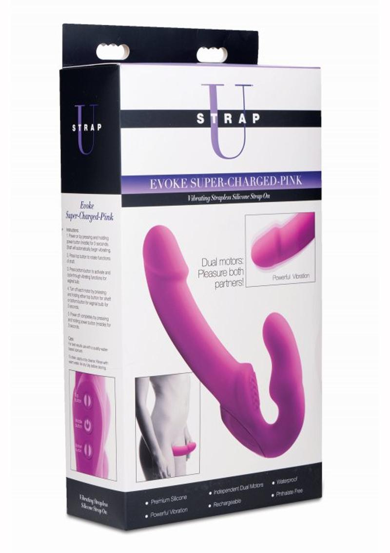 Strap U Evoke Super Charged Rechargeable Silicone Vibrating Strapless Strap-On - Pink