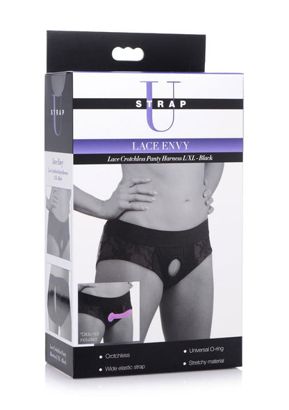 Strap U Lace Envy Black Crotchless Panty Harness - L/XL - Black