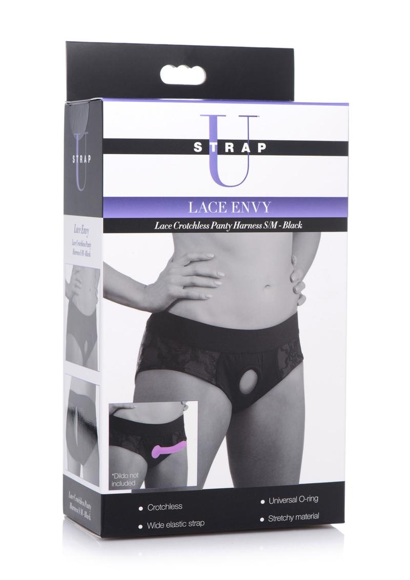 Strap U Lace Envy Black Crotchless Panty Harness - S/M - Black