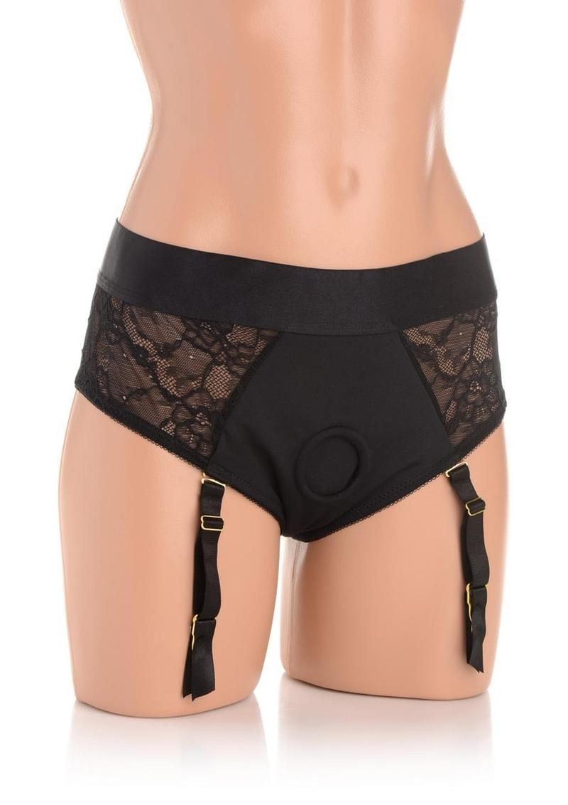 Strap U Laced Seductress Lace Crotchless Panty Harness with Garter Straps - Black - Medium/Small