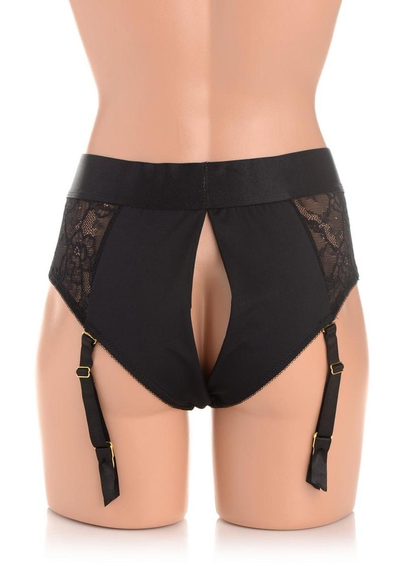 Strap U Laced Seductress Lace Crotchless Panty Harness with Garter Straps - Black - 3XLarge/XXLarge