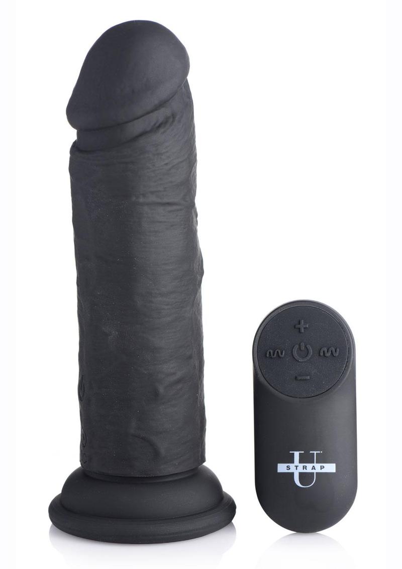 Strap U Power Player 28x Vibrating Silicone Rechargeable Dildo 6.5in with Remote Control - Black