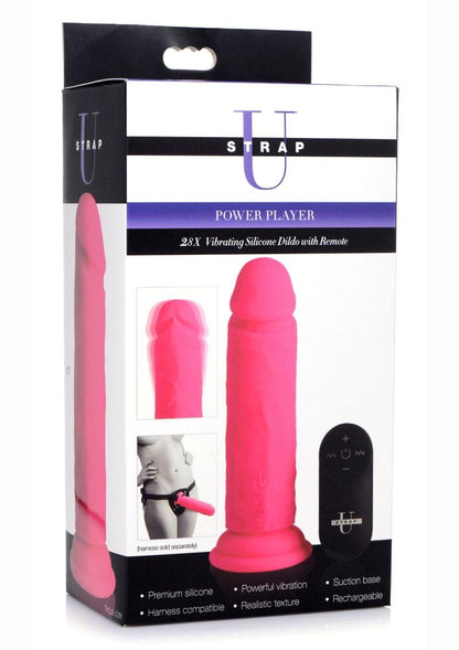 Strap U Power Player 28x Vibrating Silicone Rechargeable Dildo 6.5in with Remote Control