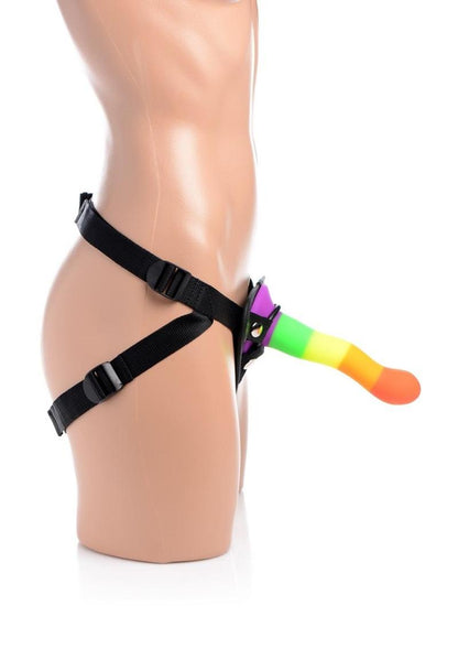 Strap U Proud Rainbow Silicone Dildo with Harness - Multicolor