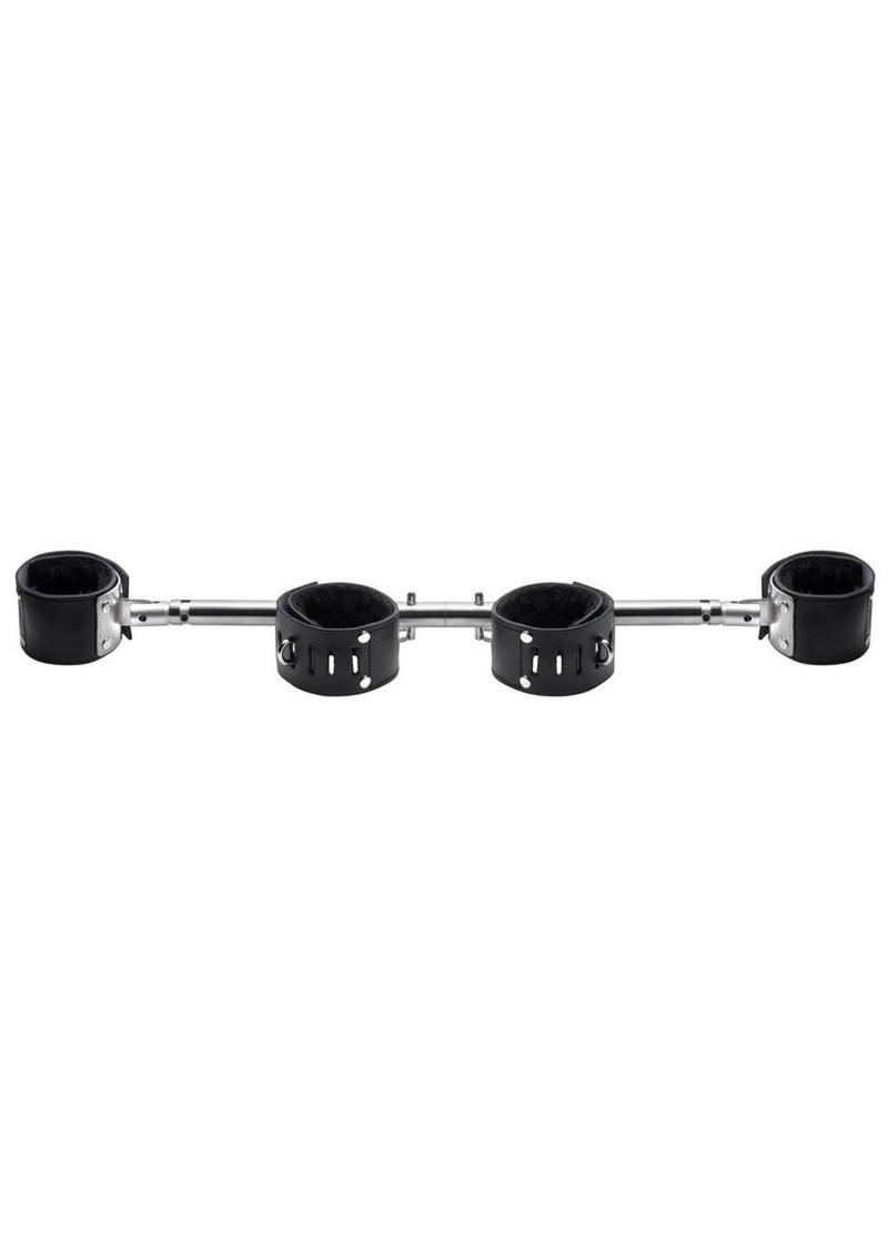 Strict Leather Adjustable Swiveling Spreader Bar with Leather Cuffs - Black/Silver